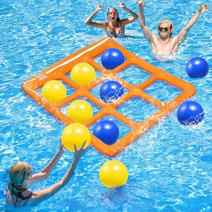 TicTac Shot Pool Toys Games Set- Tic Tac Toe Inflatable Pool Toy with 10 Balls - for Adults Teens Kids 2-10 Players - color: Orange