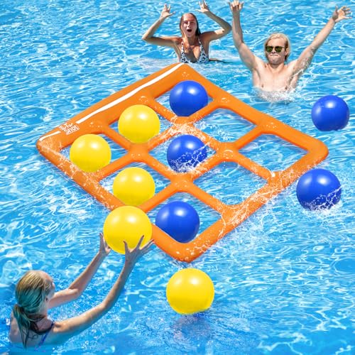 TicTac Shot Pool Toys Games Set- Tic Tac Toe Inflatable Pool Toy with 10 Balls - for Adults Teens Kids 2-10 Players - color: Orange