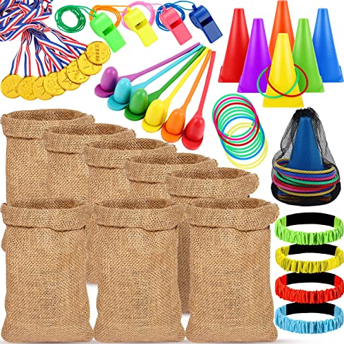 51 Pcs Carnival Outdoor Games Set Potato Sack Race Bags 3 Legged Race Bands Egg and Spoon Game Colorful Rings Cone Throwing Game with Prizes and Whistles for Family Yard Lawn Birthday Party Games