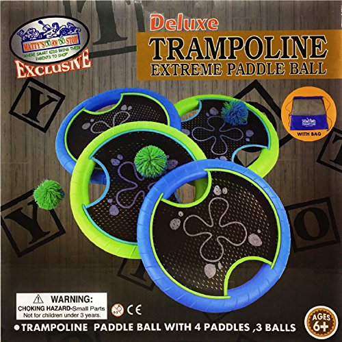 Matty's Toy Stop Deluxe Trampoline Extreme Paddle Ball Set for 4 Players - Includes 4 (12") Trampoline Paddles, 3 Rubber String Balls & Storage Bag