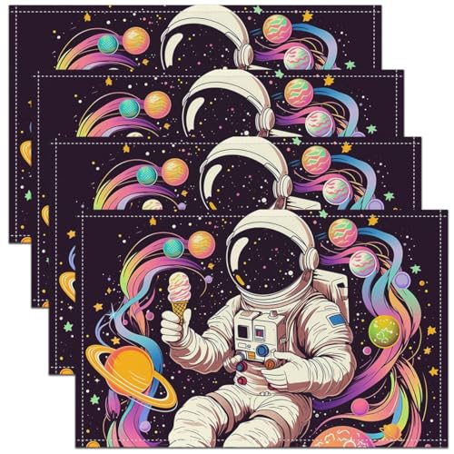 Cartoon Astronaut Graffiti Place Mats Colorful Stripes Gradient Planets Table Mats for Kids Boys Girls Teens Outerspace Theme Hippie Dreamy Kitchen Mats for Dining Table 12x18 Inch Set of 4 - color: Beige