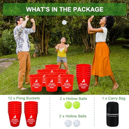 Aivalas Yard Pong Outdoor Games Glow Set in Dark, Giant Yard Pong Game for Adults and Family with 12 Buckets, 4 Balls and a Carrying Bag, Giant Pong for Beach, Camping, Lawn and Backyard - color: Red Glow in Dark