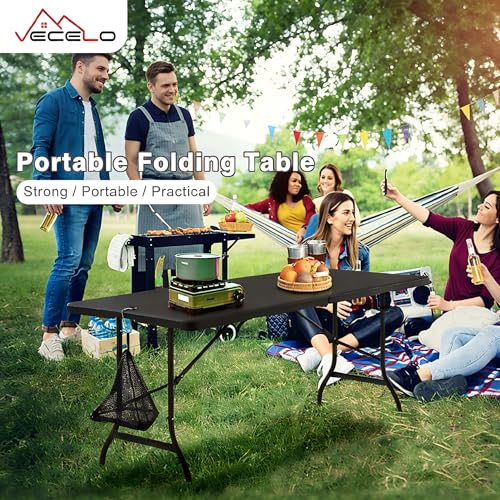 VECELO 6 ft Picini Table with Thickened Top | Removable Mesh Bag | Strong Side Support, 500lbs Weight Capacity Folding Table, Indoor & Outdoor, with Carrying Handle,Black - color: Black