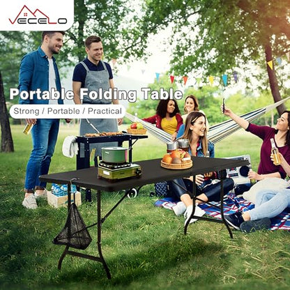 VECELO 6 ft Picini Table with Thickened Top | Removable Mesh Bag | Strong Side Support, 500lbs Weight Capacity Folding Table, Indoor & Outdoor, with Carrying Handle,Black - color: Black