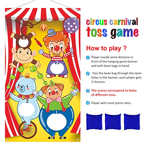 Blulu Carnival Toss Games Banner with 3 Bean Bags Halloween Carnival Game for Kids and Adults Circus Theme Party Decorations for Birthday Family Fun Throwing Indoor Outdoor - style: Circus Animal