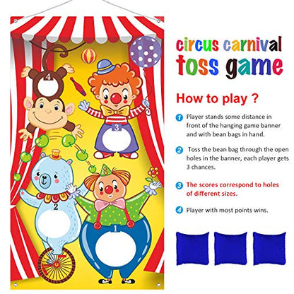 Blulu Carnival Toss Games Banner with 3 Bean Bags Halloween Carnival Game for Kids and Adults Circus Theme Party Decorations for Birthday Family Fun Throwing Indoor Outdoor - style: Circus Animal