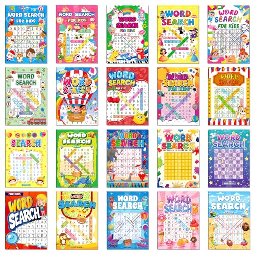 Elfew 20 Pack Bulk Small Word Search Puzzle Books for Kids Ages 4-8 | Over 2500+ Words, Answer Keys Included, Educational Vocabulary Activity Workbooks, Travel Screen Free Learning Games - style: 20 Word Search Book