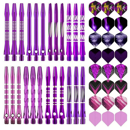 24/18Pcs Dart Flights and Stems Sets Durable Metal Stems, Colourful Dart Flights and Stems Combination, Aluminium 2BA Threaded Dart Fittings (Multi-Size Set) - color: purple