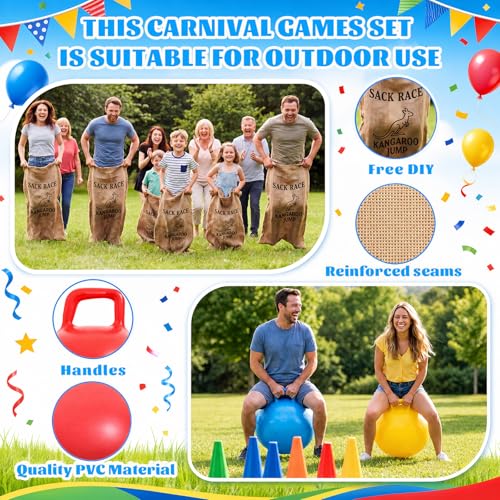 76 Pcs Outdoor Carnival Games Set, Multi Game Field Day Kit with Potato Sack Race Bags, Hopper Balls, Ring Toss, Bean Bags, Medals Cones for Backyard Party, Picnic, Reunion, Team Building