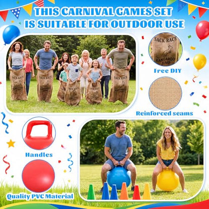 76 Pcs Outdoor Carnival Games Set, Multi Game Field Day Kit with Potato Sack Race Bags, Hopper Balls, Ring Toss, Bean Bags, Medals Cones for Backyard Party, Picnic, Reunion, Team Building