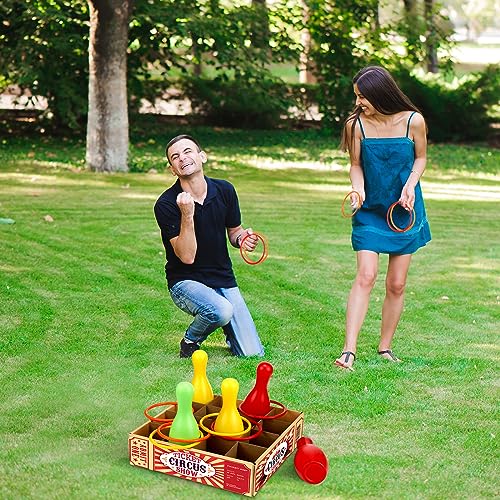 Wettarn Carnival Bottle Toss Game Ring Toss Games, Include a Circus Ticket Box 6 Plastic Bottles and 6 Throw Rings for Summer Carnival Outdoor Backyard Beach Party Activities