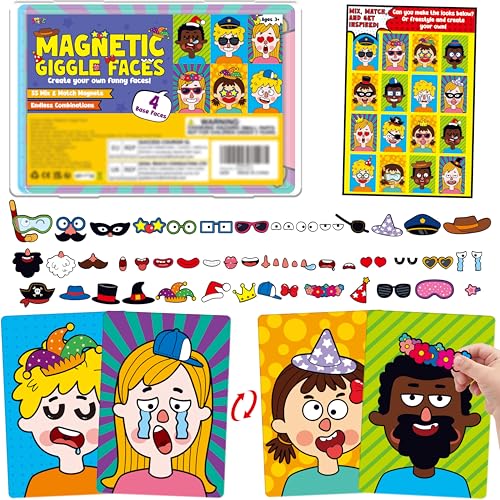 SpriteGru Magnetic Face Games, 55 PCS Giggle Face Magnetic Play Set-4 Basic Faces, Mix & Match Magnets, Endless Combinations Perfect Fun Travel Game for Kids