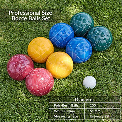 ApudArmis Bocce Balls Set, Regulation Size 100mm Bocce Game for Outdoor/Backyard/Lawn/Beach with 8 PCS 100% Poly-Resin Balls / 1 Pallino/Nylon Carrying Case/Measuring Rope (Red,Blue,Green,Yellow) - size: 100mm Regulation Size