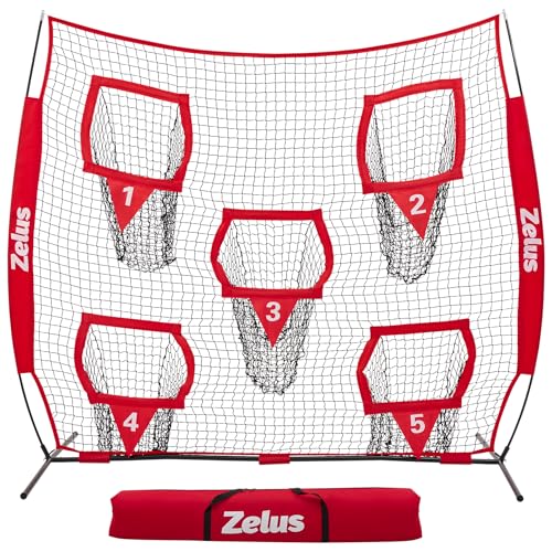 ZELUS Football Throwing Net, Quarterback Training Equipment with 5 Target Pockets, Football Practice Throwing Passing Accuracy Trainer with Carry Bag Ground Stakes for Kids Adults - color: Red, size: 7×7
