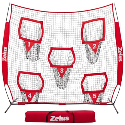 ZELUS Football Throwing Net, Quarterback Training Equipment with 5 Target Pockets, Football Practice Throwing Passing Accuracy Trainer with Carry Bag Ground Stakes for Kids Adults - color: Red, size: 8×8