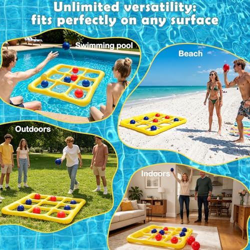 Cyfie Inflatable Floating Pool Toss Game for Teens、Adults, Yellow Tic-Tac-Toe Water Game Set with 10 Balls, Summer Swimming Pool Toy for Family Backyard Party、Beach、Lake Games、Vacation - color: Yellow