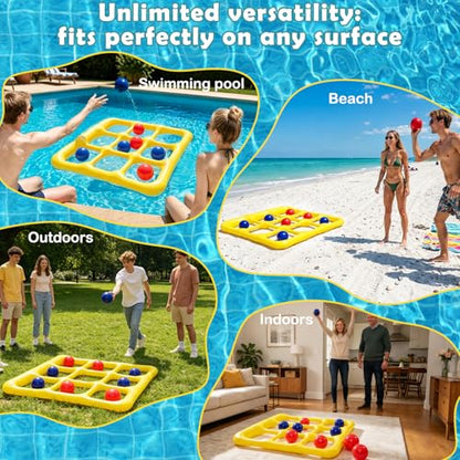 Cyfie Inflatable Floating Pool Toss Game for Teens、Adults, Yellow Tic-Tac-Toe Water Game Set with 10 Balls, Summer Swimming Pool Toy for Family Backyard Party、Beach、Lake Games、Vacation - color: Yellow