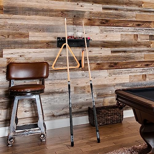 XCSOURCE Bamboo Pool Cue Holder Wall Mount, 4 Cue Rack with Ball Rack & Drink Holder, Black, 15.7 x 4.3 x 4.3 Inches - color: Black, 4 Pool