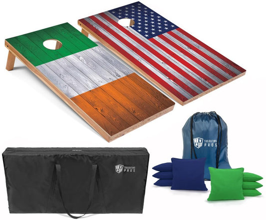 Tailgating Pros Regulation Cornhole Boards Flag Set - Includes 8 Bean Bags, Carrying Cases, and 4'x2' Corn Hole Toss Game - color: Ireland/US Flag