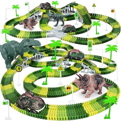Dinosaur Toys,Create A Dinosaur World Road Race,Flexible Track Playset and 2 pcs Cool Dinosaur car for 3 4 5 6 Year & Up Old boy Girls Best Gift - color: Green