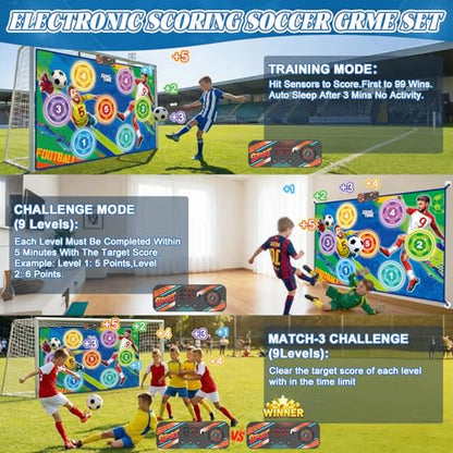 Electronic Scoring Soccer Toy Game Mat Set for Kids, Indoor Outdoor Toss Soccer Target Game with Real-Time Score, 2 Soft Soccer & Goal, Birthday Gifts for 3-5/6-8/8-12 Years Old Boys Girls