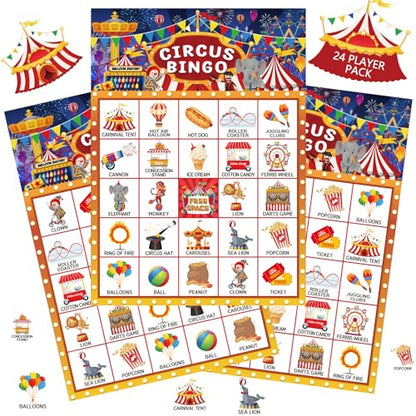 Liliful 35 Pcs Carnival Party Games 24 Players Circus Bingo Games Carnival Bingo Cards for Boys Girls Adults Family Classroom Activities Birthday Party Favors Supplies