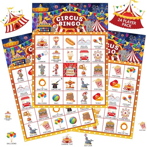 Liliful 35 Pcs Carnival Party Games 24 Players Circus Bingo Games Carnival Bingo Cards for Boys Girls Adults Family Classroom Activities Birthday Party Favors Supplies