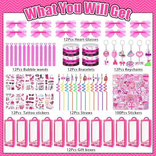184Pcs Pink Girls Party Favors Pack - For 12Guests, Includ Goodie Box Heart Glasses Straws Bubble Wands Tattoo Sticker Bracelet Keychain, for Kids Girls Birthday Party Decoration Supplies - style: Pink Girls Party Favors