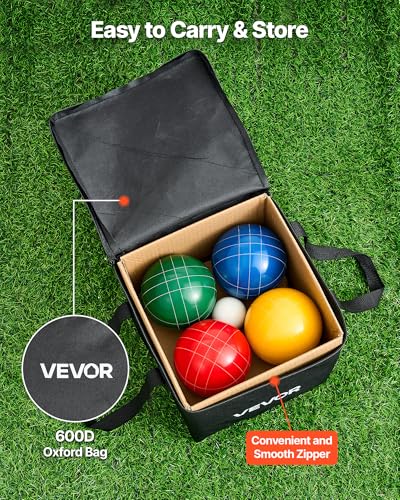VEVOR Bocce Ball Set, 107 mm, with 8 Resin Balls, Pallino, Carrying Bag and Measuring Rope, Red/Green/Blue/Yellow 4 Colors, for 2 to 8 Players, Bocce Ball Game Set for Beach, Lawn, Family Backyard