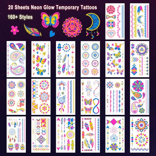 Ozepao 20 Sheets Glow in The Black Light Temporary Tattoos, Glow Party Supplies for Adults and Kids, 160+ Neon UV Glow Fluorescent Designs, Perfect for Neon Raves, Festivals, Birthday Parties and More