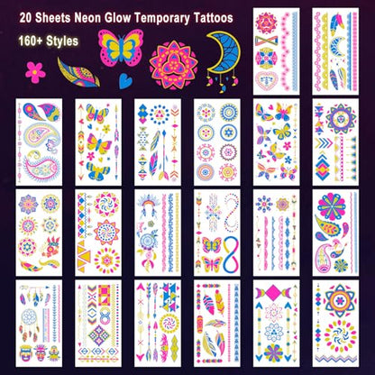 Ozepao 20 Sheets Glow in The Black Light Temporary Tattoos, Glow Party Supplies for Adults and Kids, 160+ Neon UV Glow Fluorescent Designs, Perfect for Neon Raves, Festivals, Birthday Parties and More