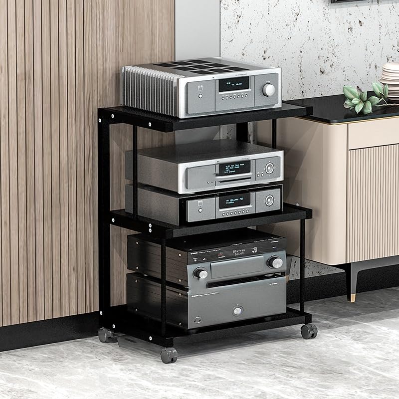 Corner Display Cabinet with Wheels, Media Stand & Audio Rack for Game Consoles, Stereo Storage, AV Tower, Modern Black Design(Black,50.2x40x70cm)
