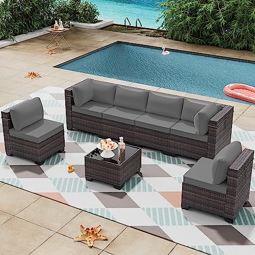 7 Pieces Outdoor Patio Furniture Set,Outdoor Sectional Furniture All Weather PE Rattan Wicker Patio Conversation Set with Coffee Table and 6 Thickened Cushions,Grey - color: Grey, size: 7 Sofa Set