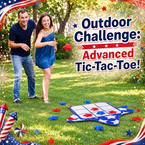 Reallnaive 2 Set 4th of July Tic Tac Toe Game Include 2 Pcs USA Star Shaped Mats 20 Star Bean Bags Toss Patriotic Party Activities for Adults Family Indoor Outdoor Memorial Day Party Game - style: 4th of July