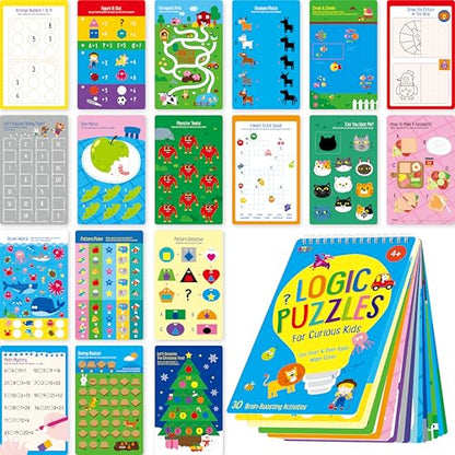 SpriteGru Logic Puzzles Game Pad, 30 Reusable & Erasable Logical Thinking Games, Dry Erase Brain-Boosting Puzzle Activities Book for Kids, Educational Toy for Road Trip, Airplane & Car Travel - style: Logic Puzzles
