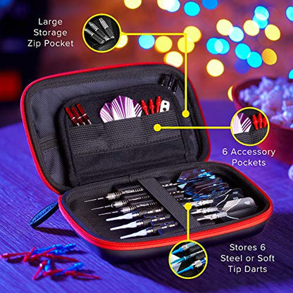 Casemaster Sentinel 6 Dart Case, Holds Extra Accessories, Tips, Shafts and Flights, Compatible with Steel and Soft Tip Darts, Impact & Water Resistant Tactech Shell, Red Zipper - color: Red