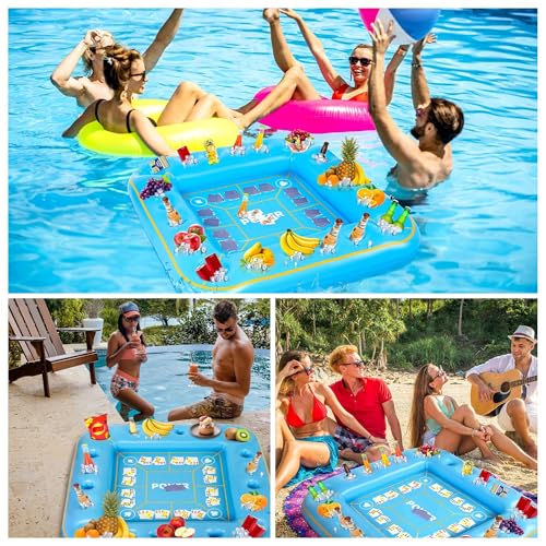 Elcoho 55 x 55 Inch Extra Large Inflatable Game Table with Waterproof Playing Cards Floating Pool Table Drink Holder Inflatable Ice Serving Tray Buffet Bar for Pool Summer Party, Light Blue - color: Light Blue