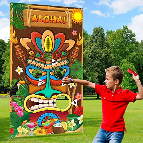 Luau Party Games Hawaiian Tiki Party Toss Games Banner with 3 Bean Bags Totem Decor for Summer Tropical Carnival Supplies