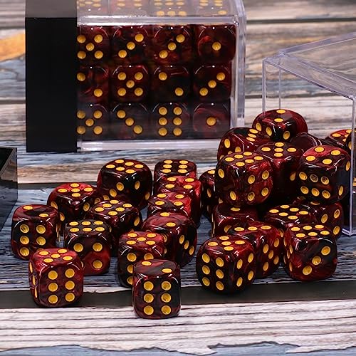 36 of Pack 12MM 6 Sided MINI Dice Set,Two Colours D6 Game Dice Set, 6 Sided Standard Dices for Yahtzee, Bunco or Teaching Math,with Portable Plastic Box(Dark Red+Black) - color: Dark Red Black Swirl