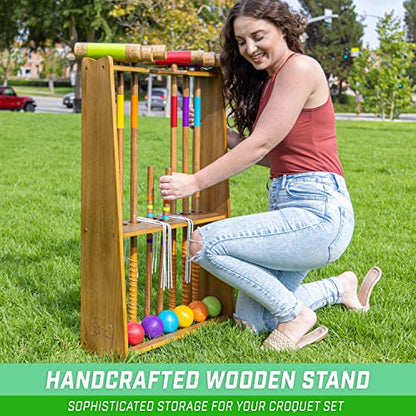 GoSports Premium Wood Stained Six Player Croquet Set with Handcrafted Wooden Stand