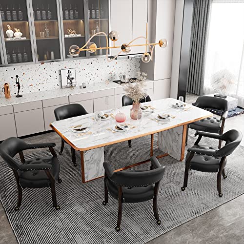 Set of 4 Dining Chair with Casters, Accent Captains Leather Chairs with Wheels & Arms,Wheeled Roller Wood Chairs for Kitchen & Game Poker Table,Espresso&Black 318BK(NO Table!) - color: Espresso&black