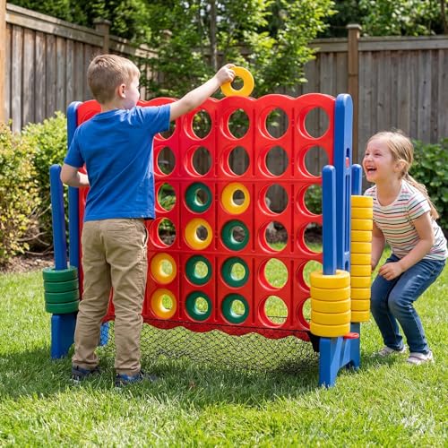 GLACER Giant 4-in-A-Row Game Set, 3.5FT Jumbo 4-to-Score Outdoor Yard Game w/ 42 Rings, Quick-Release Slider & Mesh Storage Bag for Kids & Adults, Family Party Games for Indoor & Outdoor Fun