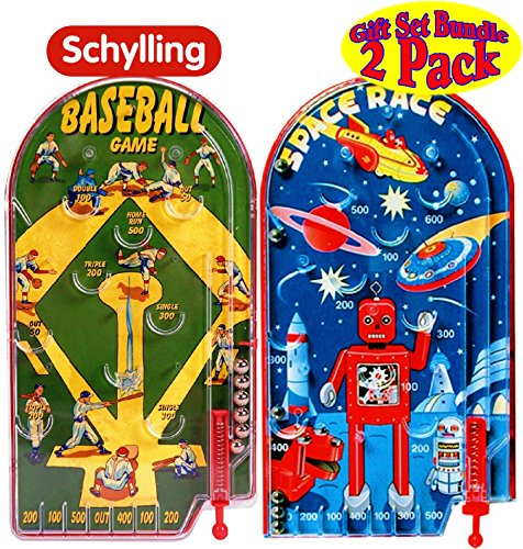 Schylling Classic 10" Pinball Games Space Race & Home Run! Baseball Gift Set Bundle - 2 Pack