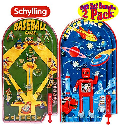 Schylling Classic 10" Pinball Games Space Race & Home Run! Baseball Gift Set Bundle - 2 Pack