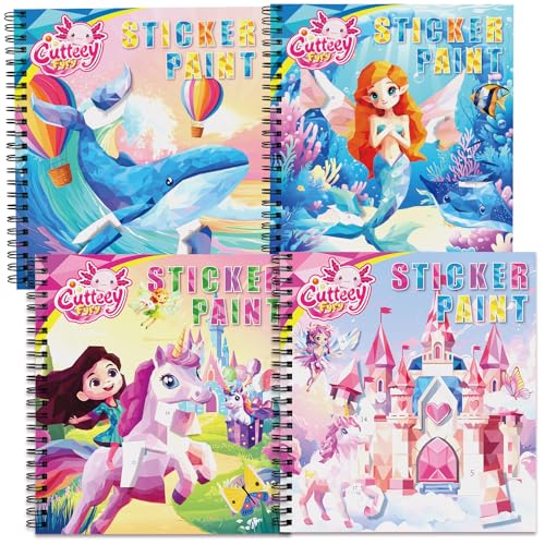 4PCS Paint by Number Sticker Book Travel Activities Essentials Toys for Girls Kids - Road Trip & Airplane & Long Car Rides, Birthday Present, Preschool Classroom Party Gifts - color: Unicorn,mermaid,sea Animals,palace
