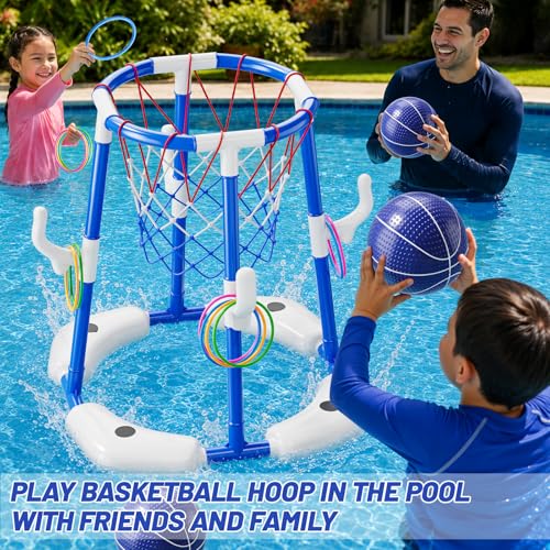 JUKUDAHU Pool Basketball Hoop, Boy Pool Toys for Kids Ages 4-8, 2-in-1 Floating Pool Ring Game with 4 Balls and Pump, Outdoor Swimming Water Play Toy, Summer Water Toys for Kids Adults Age 3-12 - color: Blue