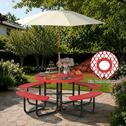 All-Weather Round Outdoor Picnic Table, Commercial Picnic Table Bench Set with Umbrella Hole, Thermoplastic Coated Metal Dining Tables for School, Stores, Park, Patio, Yard, Red - color: Red