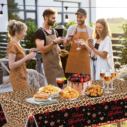 4 Pcs Cheetah and Cherry Birthday Tablecloths, Red and Black Leopard Print Disposable Plastic Table Cover for Bridal Shower Bachelorette Birthday Party Supplies, 54 x 108 Inches - color: Red Cherry