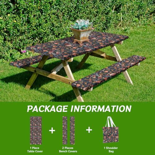 Mushroom Picnic Table Cover with Bench Covers and Carrying Bag, Forest Floral Plant Retro Rectangle Table Cover, Outdoor Patio Camping Essentials 6FT 4PCS, Camping Fitted Tablecloth