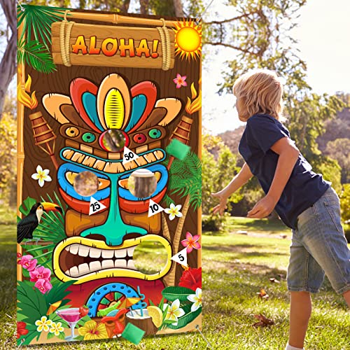 Luau Party Games Hawaiian Tiki Party Toss Games Banner with 3 Bean Bags Totem Decor for Summer Tropical Carnival Supplies